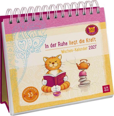 "In der Ruhe liegt die Kraft" Wochen-Kalender 2027. Illustration einer Katze beim Lesen neben einer Teekanne und Steinen.