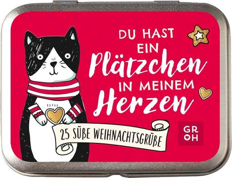 "Du hast ein Plätzchen in meinem Herzen. 25 süße Weihnachtsgrüße." Illustrierte Katze hält ein Herz vor rotem Hintergrund.