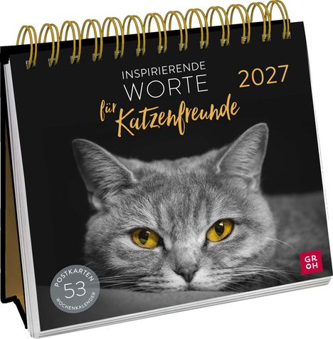 „Inspirierende Worte für Katzenfreunde 2027.“ Eine graue Katze mit gelben Augen auf einem Tischkalender mit Spiralbindung.