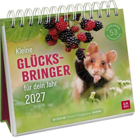 Text: "Kleine Glücksbringer für dein Jahr 2027. Postkarten 53 Wochenkalender." Ein Hamster mit Beeren im Hintergrund.