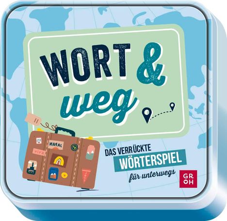 "WORT & weg" in großen, stilvollen Buchstaben. Illustration mit Koffer und Kartenmotiv, Text: "DAS VERRÜCKTE WÖRTERSPIEL".