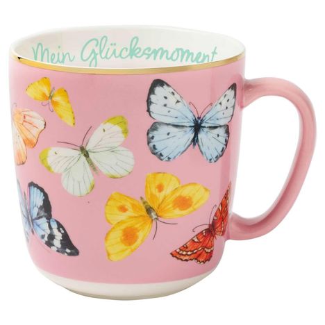 "Mein Glücksmoment" innen. Rosa Tasse mit bunten Schmetterlingen verziert.