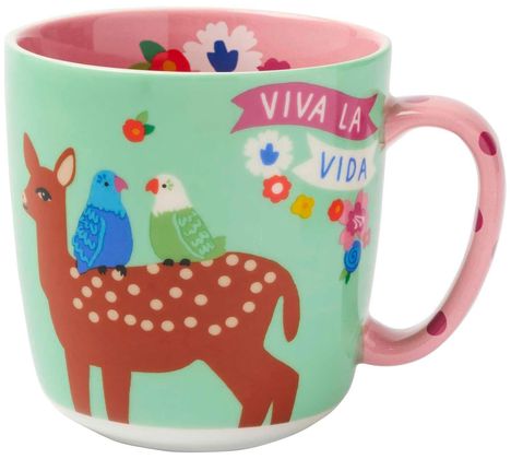 Text: "Viva la Vida". Illustration: Reh mit zwei Vögeln auf dem Rücken, Blumenmuster, bunte Tasse.
