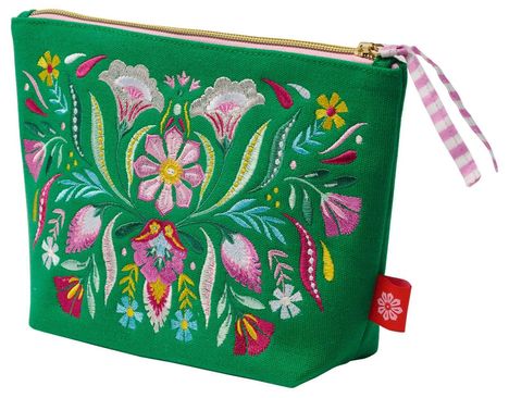 Grünes Täschchen mit bunter Blumenstickerei, Reißverschluss und rosa-weiß kariertem Band.