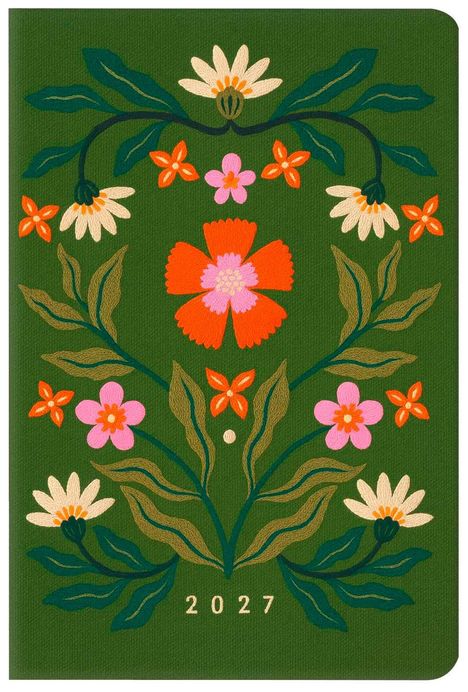 "2027" in goldener Schrift. Grüne Oberfläche mit bunten, gestickten Blumen und Blättern.