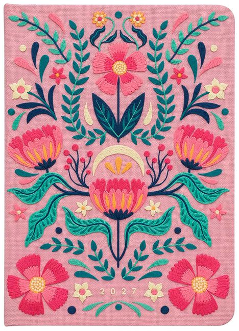 2027, florales Muster mit bunten Blüten und Blättern auf rosa Hintergrund, Stickerei-ähnlicher Stil.
