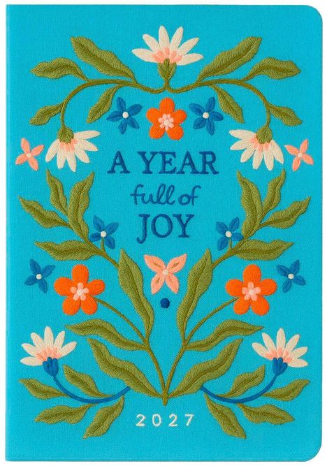 "A Year full of Joy 2027" steht inmitten bunter gestickter Blumen auf hellblauem Hintergrund.