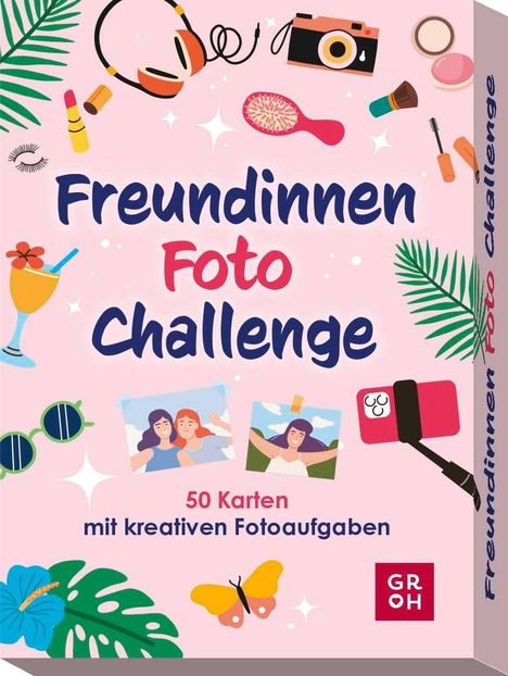„Freundinnen Foto Challenge“. 50 Karten mit kreativen Fotoaufgaben. Illustrationen von Kamera, Schönheitsprodukten, Pflanzen.
