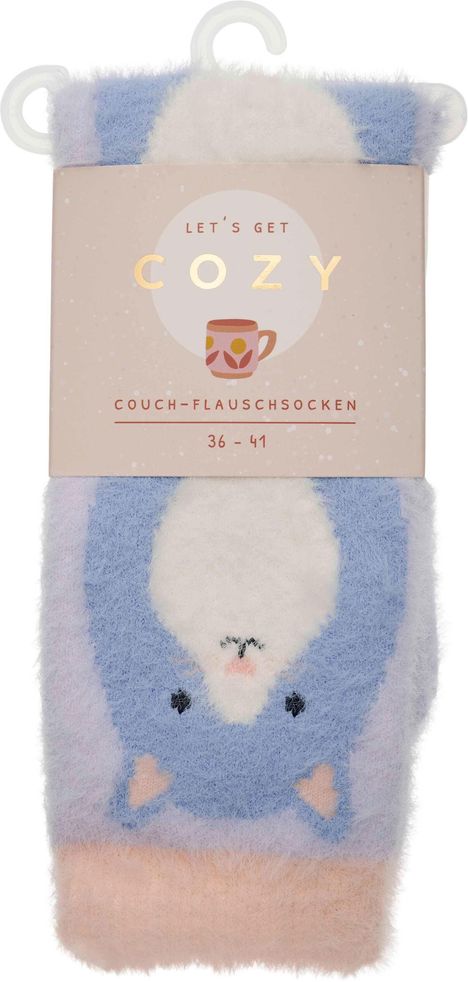 "Let’s Get Cozy", "Couch-Flauschsocken", Größe 36-41. Flauschige Socken mit Tiermotiv in Blau, Weiß und Rosa.