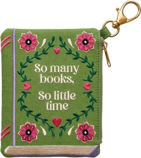 "So many books, so little time." Grünes Täschchen mit Blumenstickerei und einem goldenen Karabinerhaken.