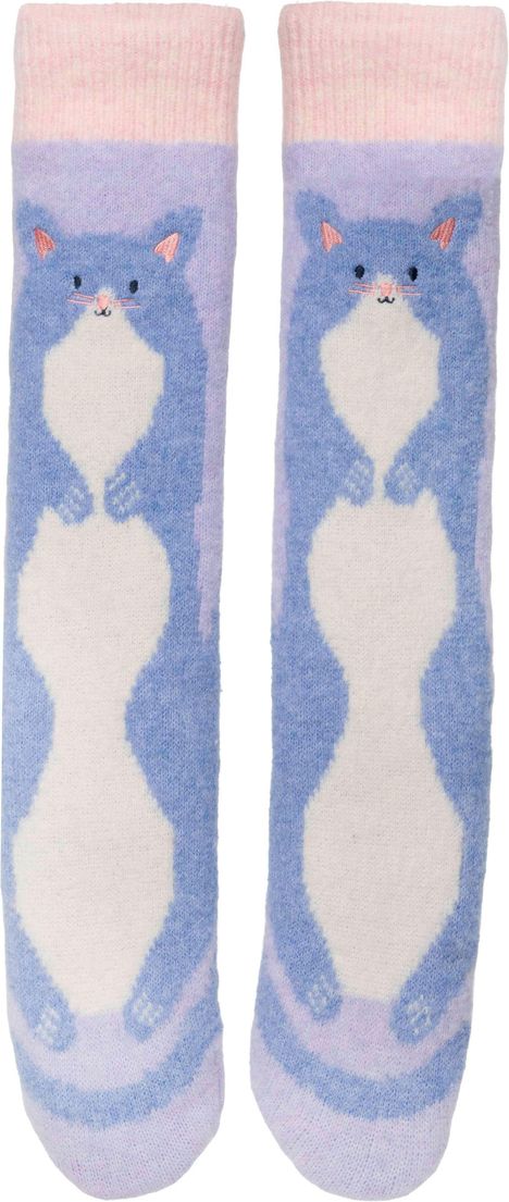 Illustration von zwei lila-weißen Socken mit Katzengesicht, rosa Ohren und Pfoten auf jedem Strumpf.