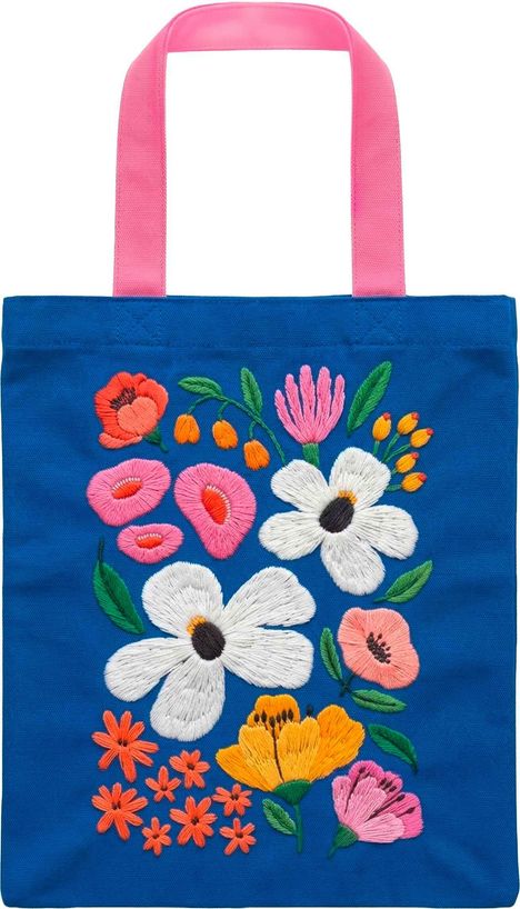 Keine Texte vorhanden. Eine blaue Tasche mit bunten, gestickten Blumen und rosa Henkeln.