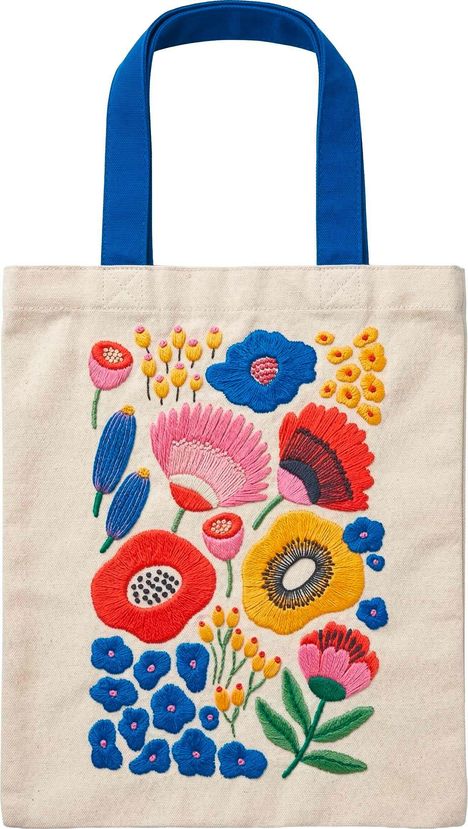 Keine Texte zu erkennen. Eine Tasche mit buntem Blumenstickerei-Muster und blauen Griffen.