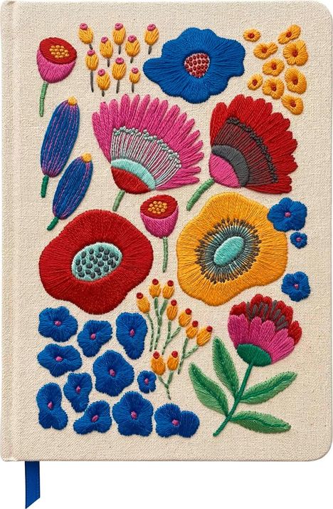 Stickerei mit bunten Blumen in Rot, Blau, Gelb und Pink.