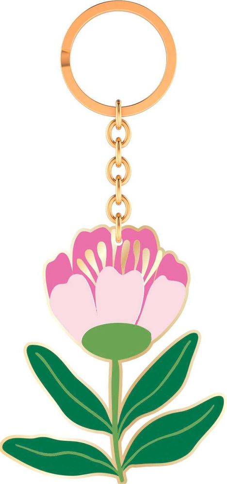 Schlüsselanhänger mit einer Illustration einer rosa Blume und grünen Blättern, befestigt an einem goldenen Ring.