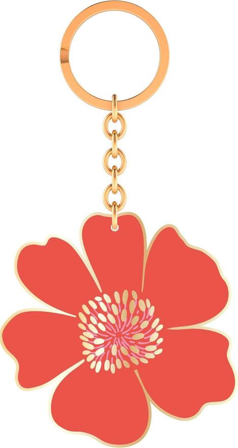 Goldener Schlüsselanhänger mit roter Blume. Die Blume hat große Blütenblätter und ein detailliertes Zentrum.