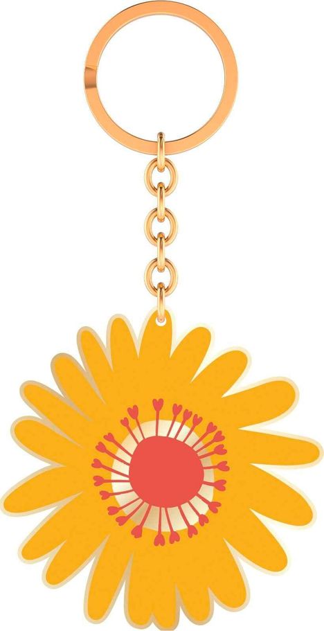 Text fehlt. Ein Schlüsselanhänger, der eine stilisierte gelbe Blume mit roten Akzenten zeigt.