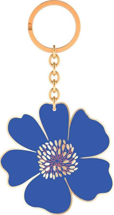 Ein goldfarbener Schlüsselring mit einer blauen Blumenform als Anhänger, verbunden durch mehrere Kettenglieder.