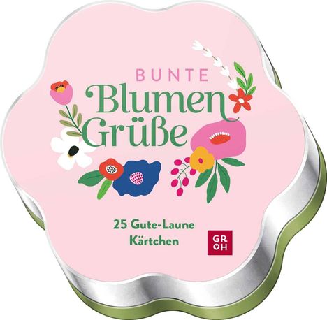 "BUNTE Blumen Grüße. 25 Gute-Laune Kärtchen." Pastellfarbene Dose mit bunten Blumen.