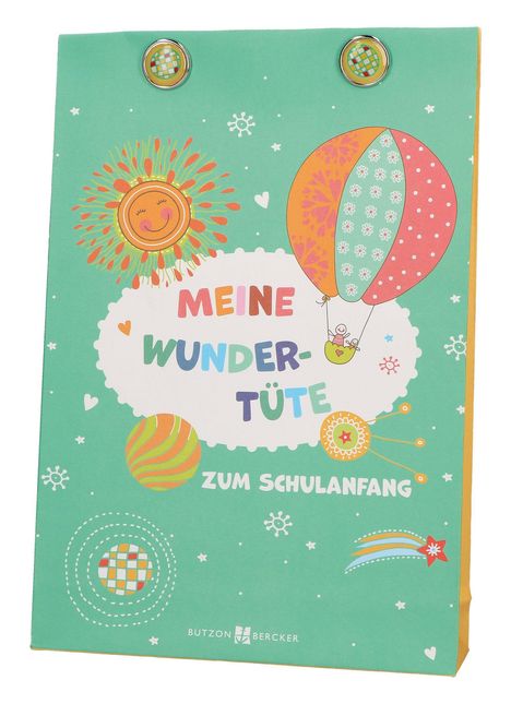 "MEINE WUNDERTÜTE ZUM SCHULANFANG", bunte Schrift auf grünem Hintergrund mit Sonne und heißluftballon.