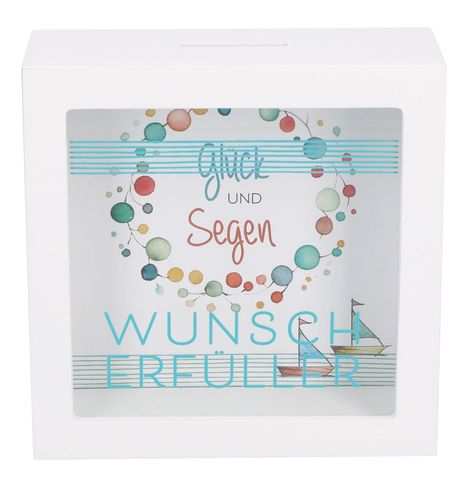 "Glück und Segen, Wunscherfüller" steht auf einer Box mit bunten Punkten und Segelbooten.