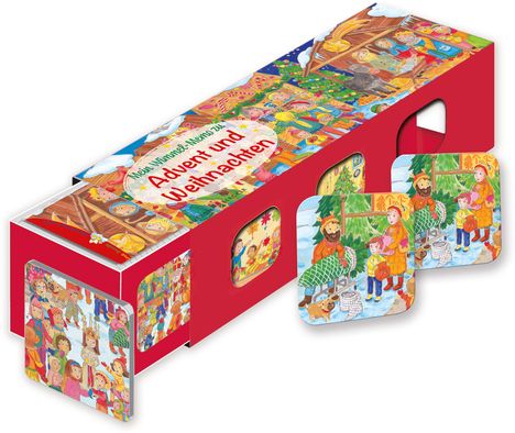 Text: "Advent und Weihnachten". Illustration einer weihnachtlichen Szene mit Menschen, Baum und Dekorationen auf einem Karton.