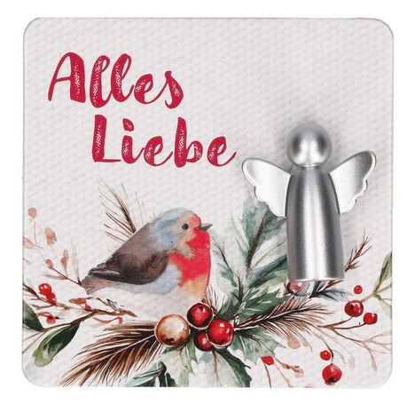 "Alles Liebe" in roter Schrift oben links. Illustration: Rotkehlchen auf Zweigen mit Beeren; silberner Engel rechts.