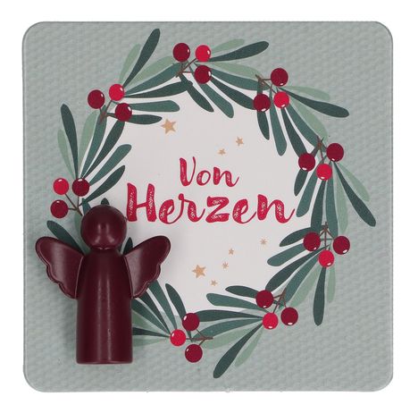 Text: "Von Herzen". Illustration: Ein Kranz aus Blättern und Beeren mit einem kleinen Engel in Rot.