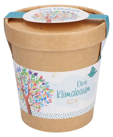 Große Pappschachtel mit dem Text "Dein Klimabaum", bunte Baumillustration, Vogel und Fischsymbol.