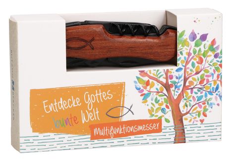 "Entdecke Gottes bunte Welt" steht auf der Verpackung eines Multifunktionsmessers mit einem farbenfrohen Baum.