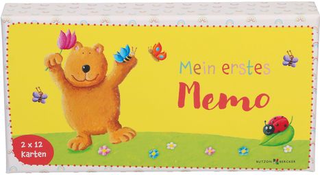 „Mein erstes Memo“, „2 x 12 Karten“. Ein lächelnder Bär, bunte Schmetterlinge, eine Biene und Marienkäfer auf grünem Hintergrund.