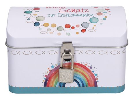 "Mein Schatz zur Erstkommunion" steht auf einer kleinen Kiste mit Schloss, Regenbogen und bunten Kreisen.