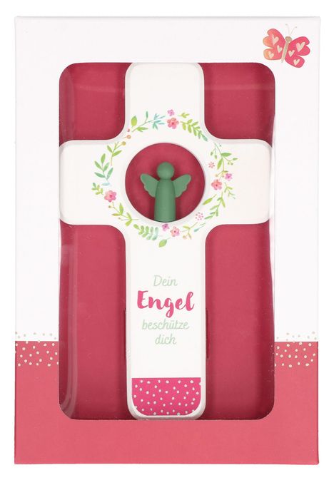 "Dein Engel beschütze dich" steht auf einem Kreuz mit floralen Mustern und einem kleinen Engel. Ein Schmetterling oben.