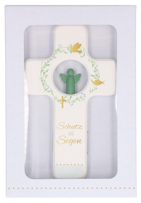 „Schutz und Segen“ in goldener Schrift auf einem weißen Kreuz, verziert mit Blumen, einem Engel und Vögeln.