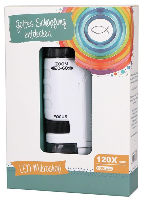 "Gottes Schöpfung entdecken", "LED-Mikroskop", "ZOOM 120-60x", "FOCUS", "120X ZOOM". Ein Mikroskop in einer bunten Verpackung.