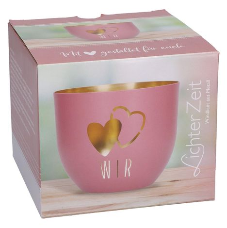 Kartonschrift: „Mit ♥ gestaltet für euch“. Rosa Windlicht mit ausgeschnittenen Herzen und „WIR“. Text: „LichterZeit“.