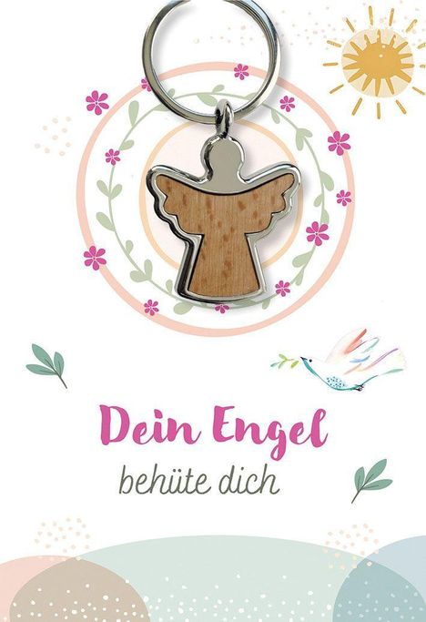 „Dein Engel behüte dich“, zeigt einen Metall- und Holz-Engel-Anhänger, Blumen, Sonne und eine Taube in Pastelltönen.