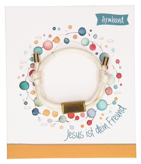 "Armband. Jesus ist dein Freund." Illustration mit bunten Kreisen und einem weißen Armband.