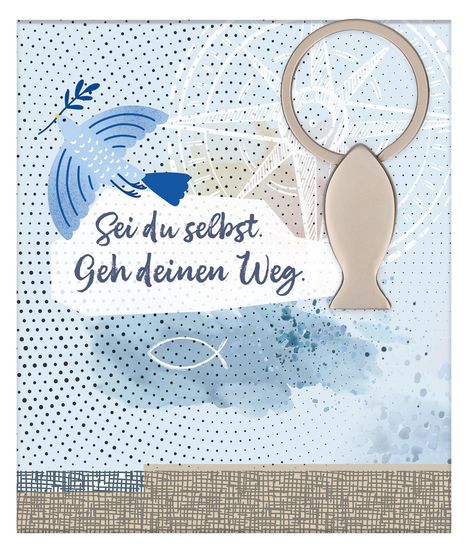 "Sei du selbst. Geh deinen Weg." Eine Illustration mit Taube, Kompass, Fischsymbol und einem Fisch-Anhänger.