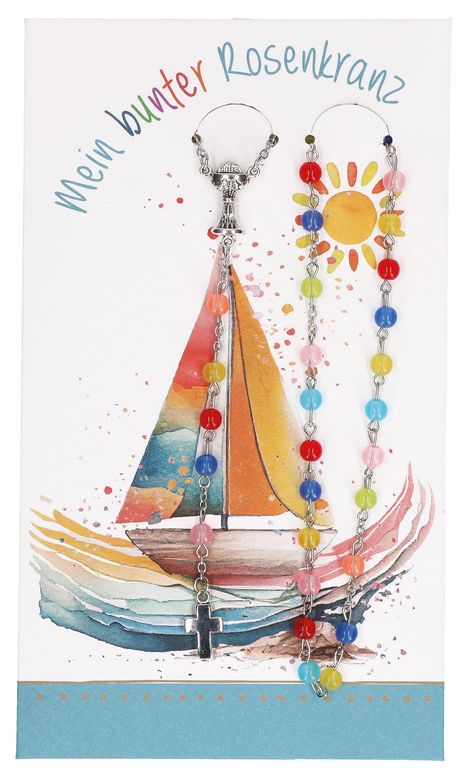 „Mein bunter Rosenkranz“ in Regenbogenfarben darüber. Darunter ein Rosenkranz auf einem Aquarell mit Segelboot und Sonne.