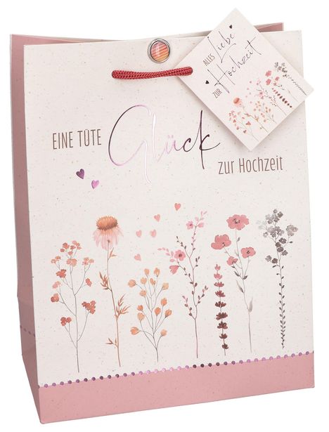 "Eine Tüte Glück zur Hochzeit." "Alles Liebe zur Hochzeit." Illustration von zarten Blumen in rosa und violett.
