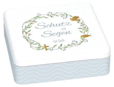 „Schutz und Segen Zur Taufe“ in eleganter Schrift, umgeben von floralen Elementen, mit Taube und Kreuz in einer Illustration.