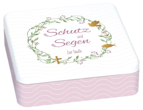 "Schutz und Segen zur Taufe" steht in der Mitte eines Kranzes aus grünen Blättern, rosa Beeren; Taube und Kreuz-Symbol.