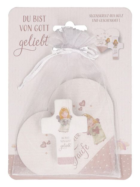 "Du bist von Gott geliebt" und "Segenskreuz aus Holz und Geschenkheft". Karte mit Herz und Kreuz, Engel-Illustrationen.