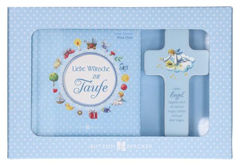 "Liebe Wünsche zur Taufe" in einem Kreis, Illustration mit Engel, Tieren und Spielzeugen in einem blauen gepunkteten Muster.