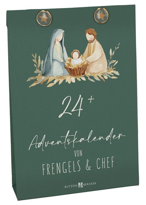 „24+ Adventskalender von Frengels & Chef“; Illustration zeigt Maria, Josef und Jesuskind in einer Krippe.