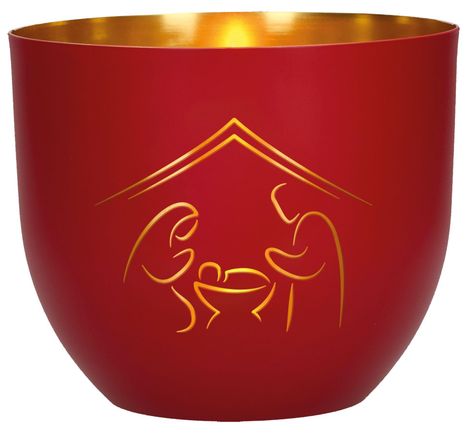 Keine Texte. Die Illustration zeigt eine stilisierte Krippenszene auf einem roten Behälter mit goldener Innenseite.