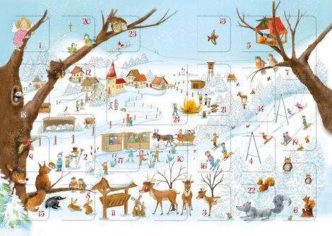 Zahlen von 1 bis 24 sind auf Türchen verteilt. Verschneite Dorfkulisse mit spielenden Kindern, Tieren und winterlichen Aktivitäten.