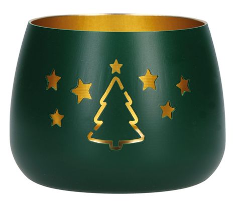 Ein grüner Teelichthalter mit ausgestanztem Weihnachtsbaum und Sternen, die innen goldfarben sind.