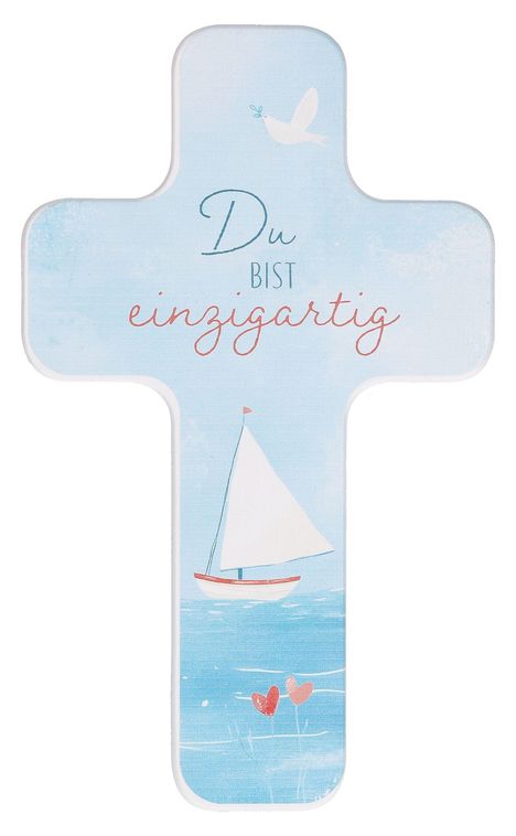 Kreuzförmige Illustration, Text: "Du bist einzigartig", Vogel oben, Segelboot und Herzen unten.